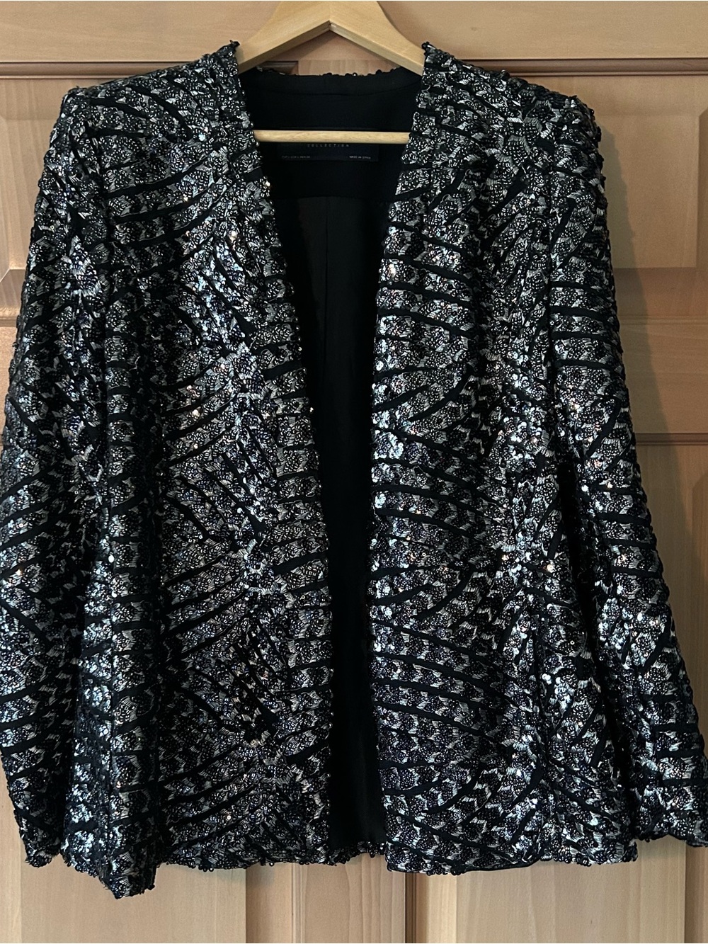 Zara Silver Sequin Open Front Blazer Jacket Black Trinny Size Large EUC